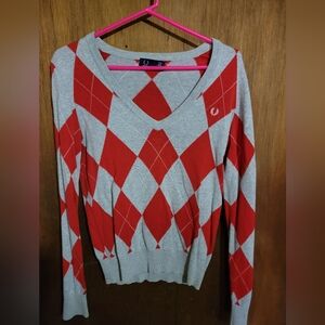 Fred Perry Red and Gray Argyle V-Neck Sweater